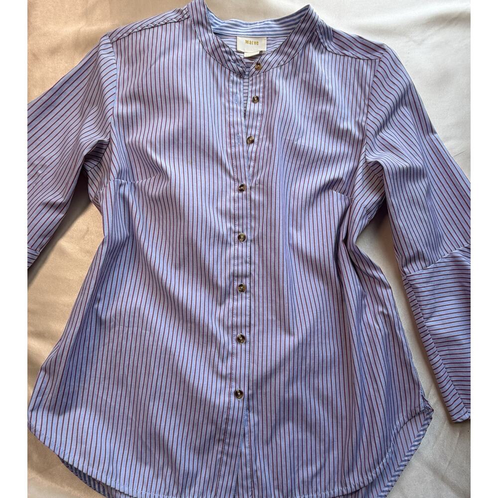 Maeve Tunic Button Down Bell/3/4 Sleeve Hi-Low Cotton Blend Striped Size US 10